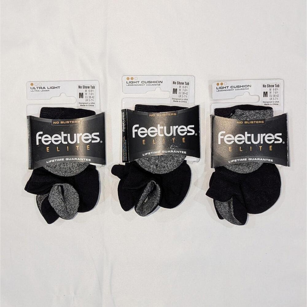 3 PAIRS Feetures Elite Ultra Light Cushion No Show Tab Running Socks Size M